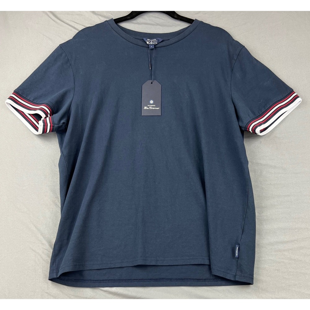 Ben Sherman T-Shirt Mens L Navy Blue NWT Striped Cuff Crew Neck Cotton Tee